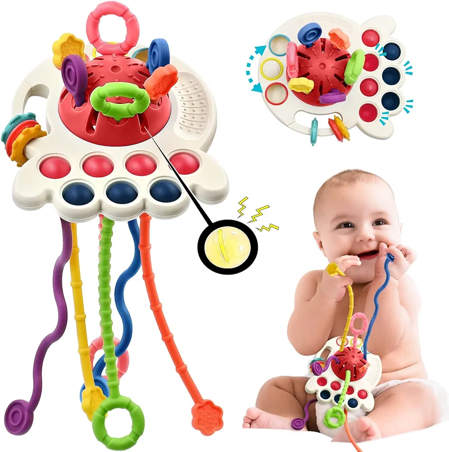 AiTuiTui Sensory Montessori Baby Toys 6 to 12 Months, Toddler Travel Toys for 1 2 Year Old Boy Girl Birthday Gifts, Soft Pull String Fidget Educational Learning Bath Toys for 9 10 18 Months Infant