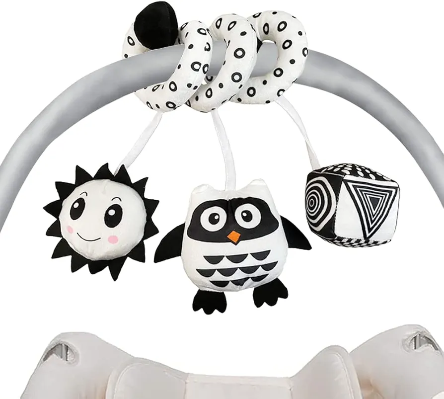 Hanging Toys for Car Seat Crib Mobile, Infant Baby Spiral Plush Toys for Crib Bed Stroller Car Seat Bar - Black and White Color Toy with Rattles Owl BB Squeaker Sun