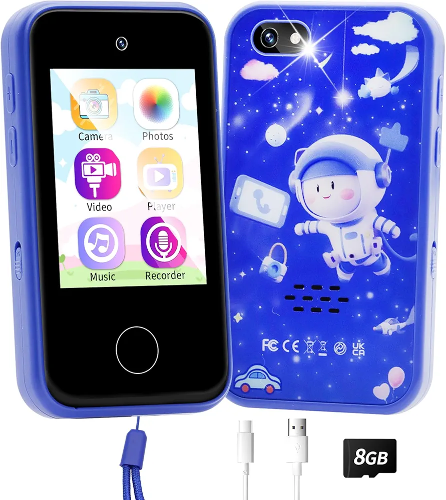 Kids Phone for Age 3~8, Toddler Play& Learning Toy Phone, Xmas Birthday Gift for 3 4 5 6 7 8 Years Old Girl & Boy, Fake Cell Phone with Game, Camera,Alarm,Story, 8GB SD Card (Blue Astronaut)