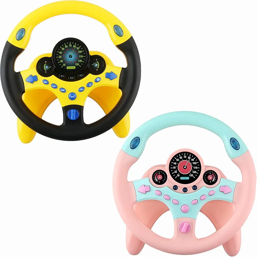 2 Pack Kids Steering Wheel Toys Early Education Pretend Driving Steering Wheel with Light Music for Boys Girls, 2 Colors