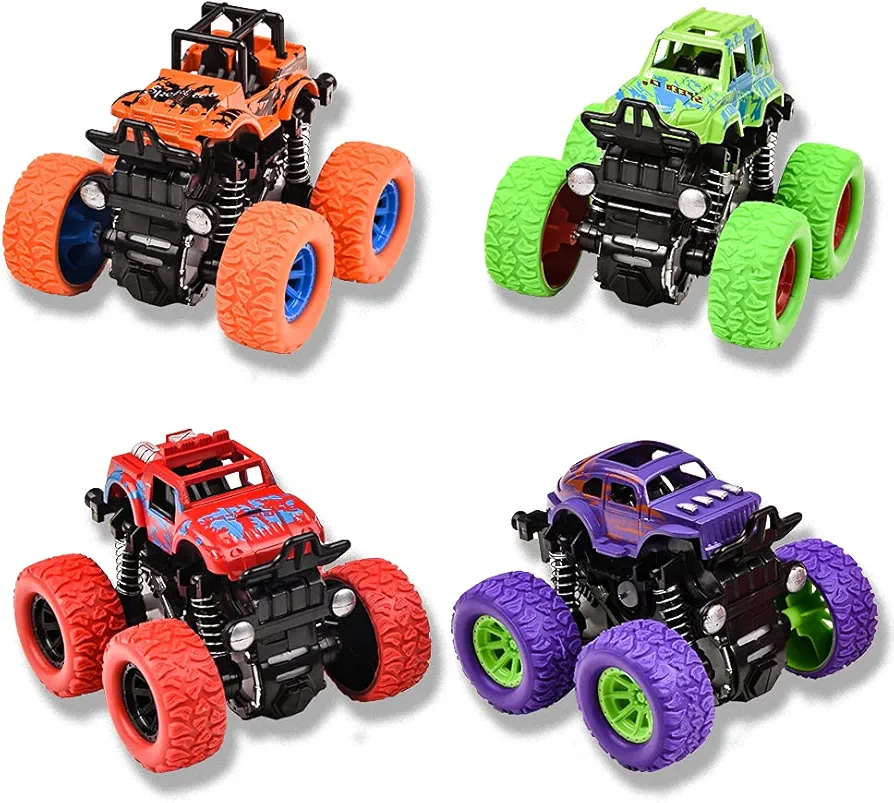 Monster Trucks for Boys, 4 Pack Pull Back Vehicles Cars for Toddlers, 360° Rotation 4 Wheels Drive Durable Friction Cars Powered Push and Go Toys Truck Playset Gift for 3 4 5 6 7 8 Year Old Kids Girls