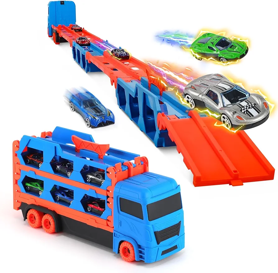 Toddler Toys for 3 4 5 6 Years Old Boys Birthday Gift, Portable Race Track Truck Toy Car with 12 Race Cars, Best Gift Carrier Truck Vehicles Toys Set for Kids