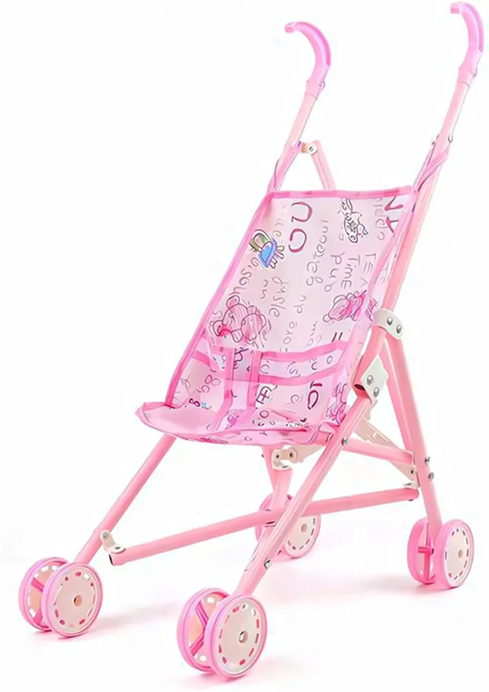 Baby Doll Stroller Baby Doll Pram Cartoon Pattern Doll Stroller Foldable Doll Pram with T-Shaped Safety Belt & Push Handle Detachable Washable Toy Pushchair for Girls, Pretend Play