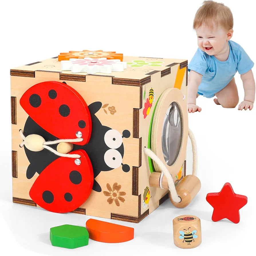 Wooden Activity Cube Montessori Toys for 3 Year Old Baby Toys Toddlers Birthday Gift Boys Girls Sensory Interactive Learning Toys (Ladybugs)