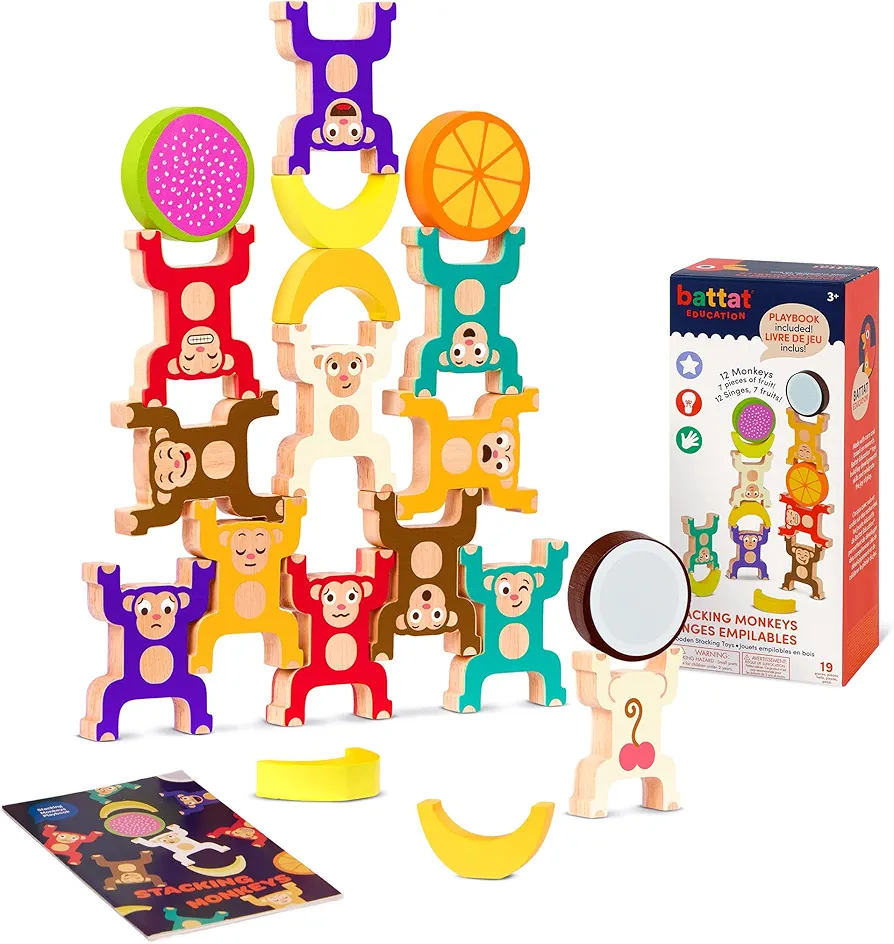 Battat Education – Stacking Toy for Kids – Wooden Stacking Monkeys – Developmental Toy – Fine Motor Skills – Interlock Toy, Balancing Building Blocks for 3 Years + (19 Pcs)