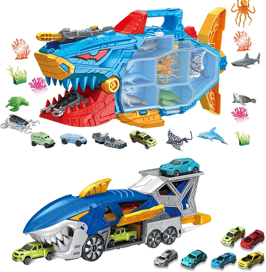 Shark Toy Car Track Set, Loop and Launcher Race Car Toys, Ocean Animals Toys Deep Sea Creatures Toy