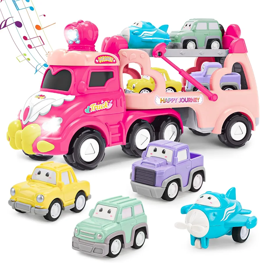 Toddler Car Toys for 1 2 3 4 Year Old Girl, 5-in-1 Pink Princess Truck Girl Cars for Toddlers 1-3 with Light & Sound, Toddler Girl Toys Age 1-2 2-4,Birthday Gifts for Baby Girl Toys