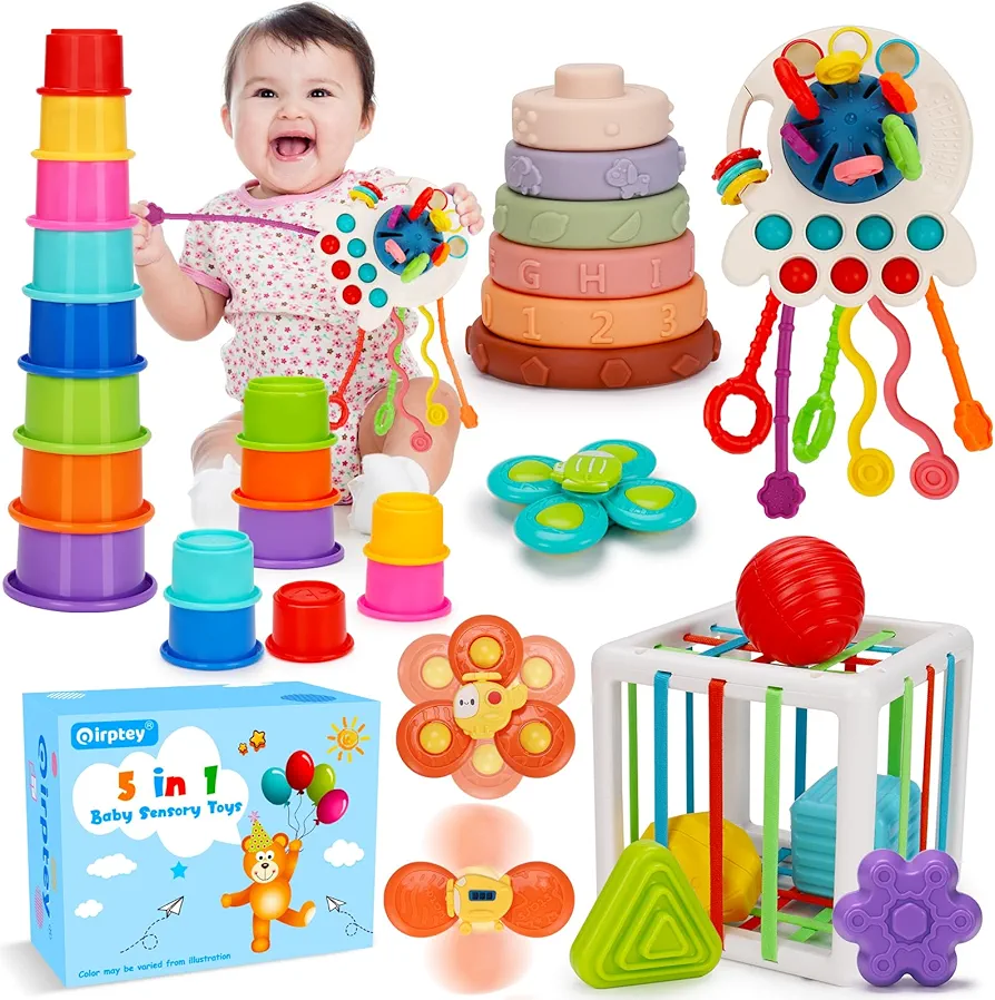 5 in 1 Baby Montessori Toys, Sensory Bin Pull String Teething Toy 0-6 to 12 Month Suction Cup Spinner Infant Travel Bath Toy 6 7 8 18 M+ Soft Stacking Cups Rings Learning Activity Toddler 0-2 Gift Set