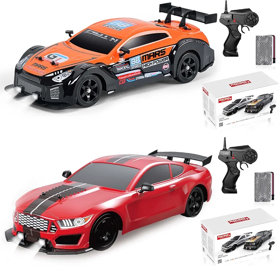 2PCS Remote Control Car RC Drift Car 1/16 Scale 4WD 18KM/H High Speed RC Car 2.4GHz with LED Lights Spray Racing Toy Car for Adults Boys Girls Kids Birthday Rechargeable Batteries