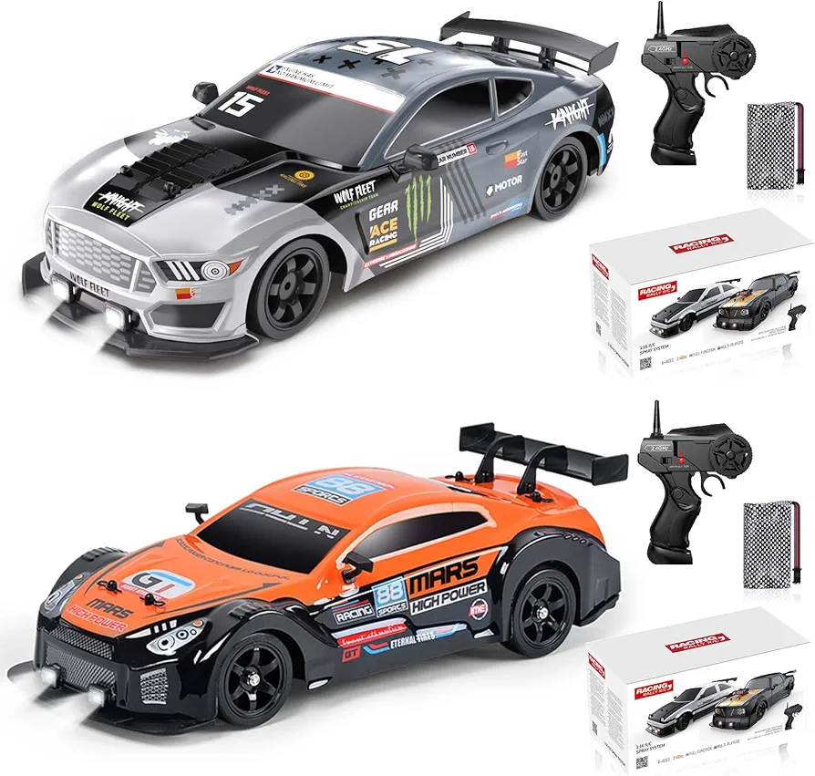 2PCS Remote Control Car RC Drift Car 1/16 Scale 4WD 18KM/H High Speed RC Car 2.4GHz with LED Lights Spray Racing Toy Car for Adults Boys Girls Kids Birthday Rechargeable Batteries