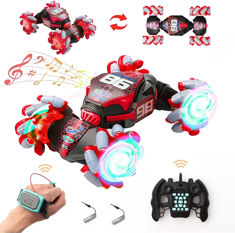 RC Stunt Car, 2.4GHz 4WD Remote Control Gesture Sensor Toy Cars, Double Sided Rotating Off Road Vehicle 360° Flips with Lights Music, for Boys & Girls Birthday