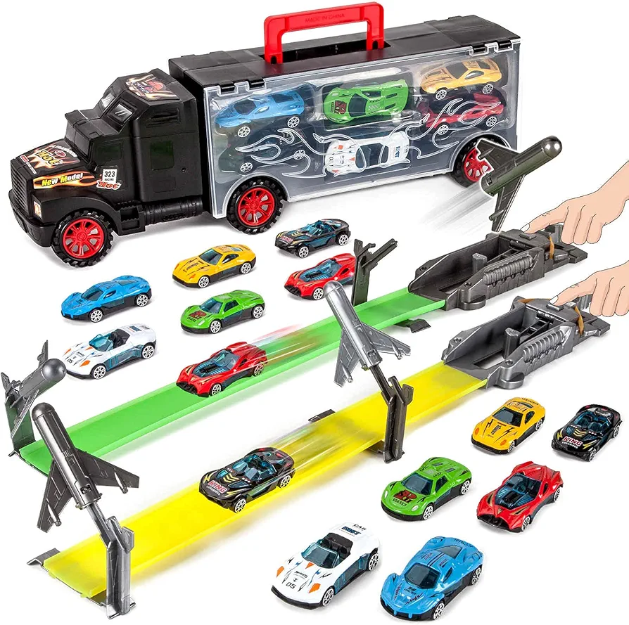 Toddler Toys for 3-5 Year Old Boys,Toy Truck Carrier with 12 Die-cast Vehicles Toy Cars and 2 Race Tracks,Gift for Kids Age 3 4 5 6 7