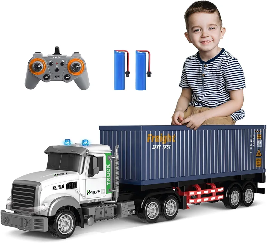 Remote Control Semi Truck with Trailer - 23.6 Inch 9-Channel RC Semi Truck Toy for Kids, 1:24 Container Truck with 2 Batteries, Van Transport Vehicle with Lights & Music, Great Gift for Boys Girls