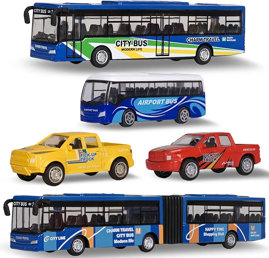 Bus Toy 5Pcs Die Cast Blue City Buses Model Pull Back Cars Kids' Play Vehicles Mini Pickup Truck and Metro Articulated Bus Set Gift for Boys Girls Kids Children Ages 3+