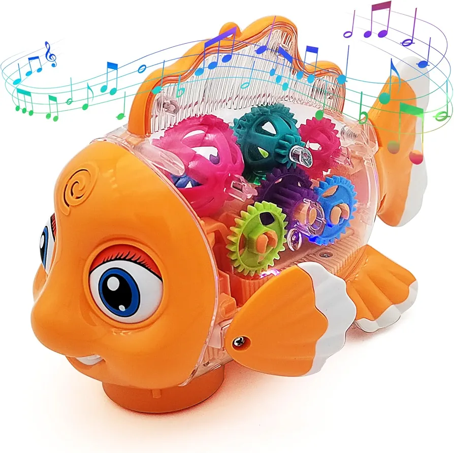 Tipmant Cute Electric Fish Toy Electronic Goldfish Animal Vehicle Car Auto Driving, Transparent Gears, Music, Flash Led Lights, Baby Toddler Kids Birthday Gifts