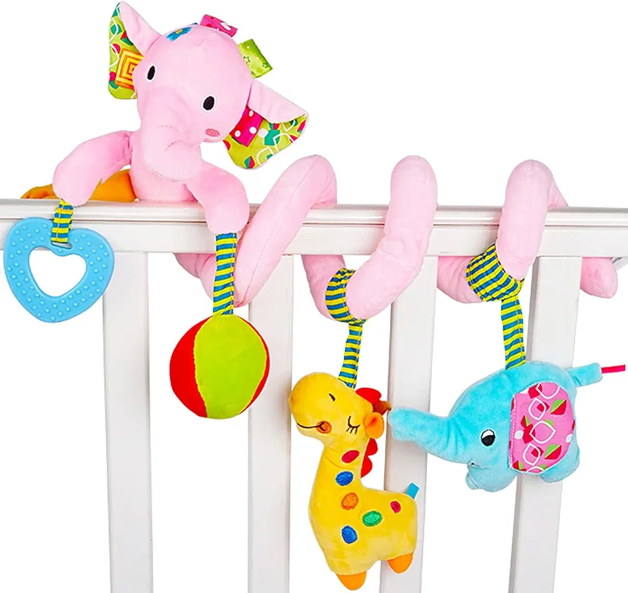 Car Seat Toys for Babies 0-6 Months Infant Toys, Spiral Stroller Toys for Newborn Baby 0-3 Months, Activity Hanging Toys for Car Seat Stroller Bar Crib Bassinet Mobile (Pink Elephant)