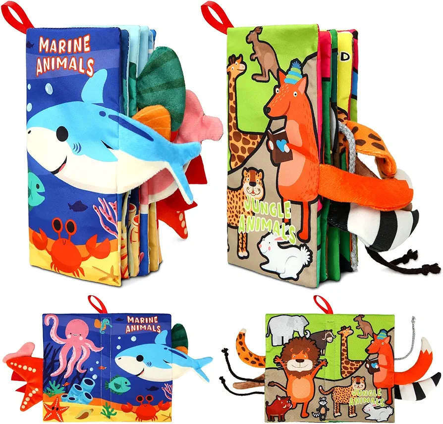 2PCS Baby Books - Montessori Toys Cute Animal Theme Baby Cloth Books 6 to 12 Months, Soft Stuffed High Contrast Crinkle Infant Sensory Toys, Boys&Girls Kids Early Learning Gifts