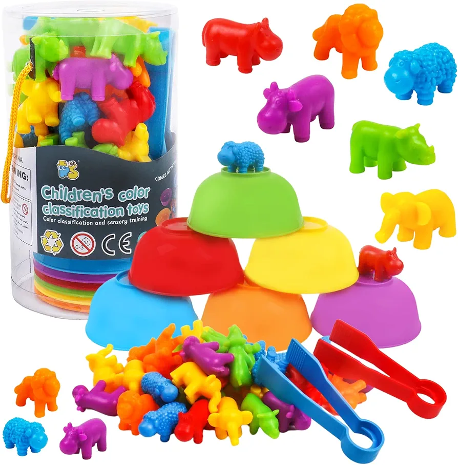 Counting Toys Matching Game for Kids with Sorting Bowls Preschool Learning Educational Activities Toys Color Classification and Sensory Game Set Toddler Montessori Toys for 3 4 5 Years Old-Animals