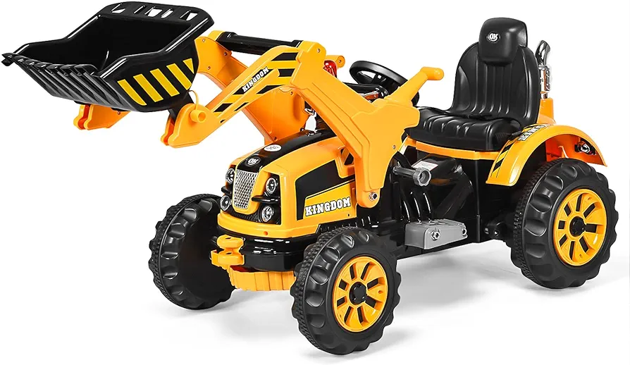 Costzon Ride on Excavator, 12V Battery Powered Construction Vehicles for Kids, Front Loader with Horn, 2 Speeds, Forward/Backward, Safety Belt,Treaded Wheels, Digger, Ride on Car (Yellow)