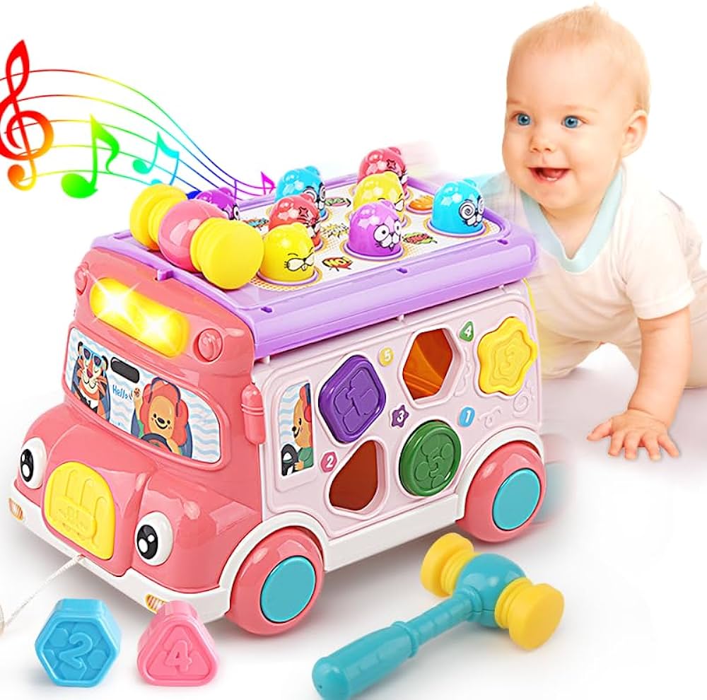 Music Activity Bus Baby Toy, Infant Education Learn Car, Sound & Light, Interactive Game, Shape Sorter, Animal Matching, Holiday Birthday Gift for Toddler Kid Boy Girl 3 4 5 6 7 Years (Pink)