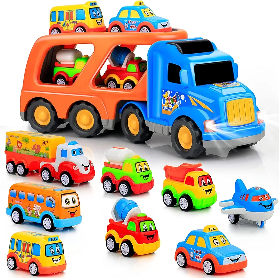 9 Pcs Cars Toys for 2 3 4 5 Years Old Toddlers, Big Carrier Truck with 8 Small Cartoon Pull Back Cars, Colorful Assorted Vehicles, Transport Truck with Sound and Light, Best Gift for Boy and Girl