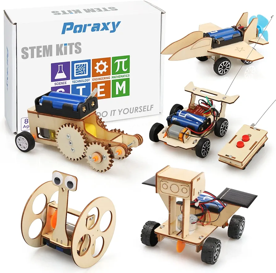 Poraxy STEM Model Car Kits, Toys for Boys Age 8-12, 5 in 1 Kids Wood Building Kit 8-10, 3D Wooden Puzzles, Educational Science Crafts Kits, Birthday Gifts for 8 9 10 11 12 13 14 Years Old Boys