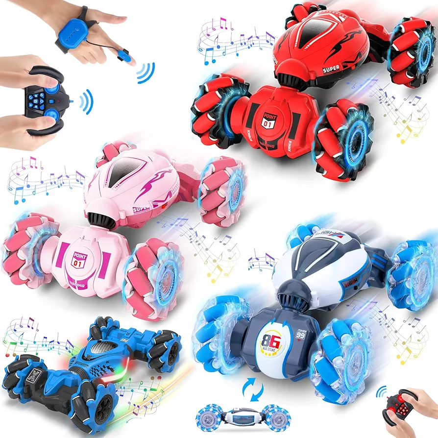 RC Car Toys for Boys Girls 6-12, Birthday Xmas Gifts for 6 7 8 9 10 11 12 Years Old, Gesture Sensing RC Stunt Car with Lights Music 2.4GHz 4WD Hand Remote Control 360° Rotate, 4 RC Cars