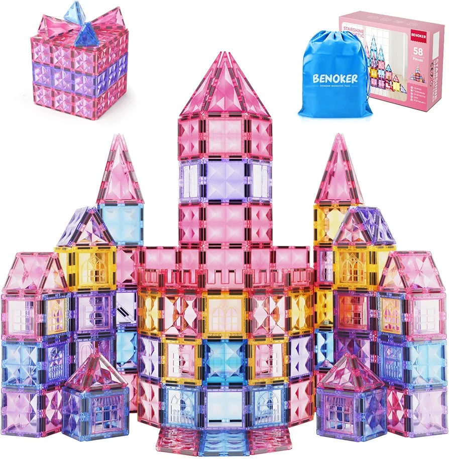 Princess Magnetic Tile Castle 3D Building Block Set - Sensory STEM Educational Building Toddler Kids Toys - Pink Magnetic Building Block with Doll Girl Birthday Gift for 3 4 5 6 7 8 Years Old