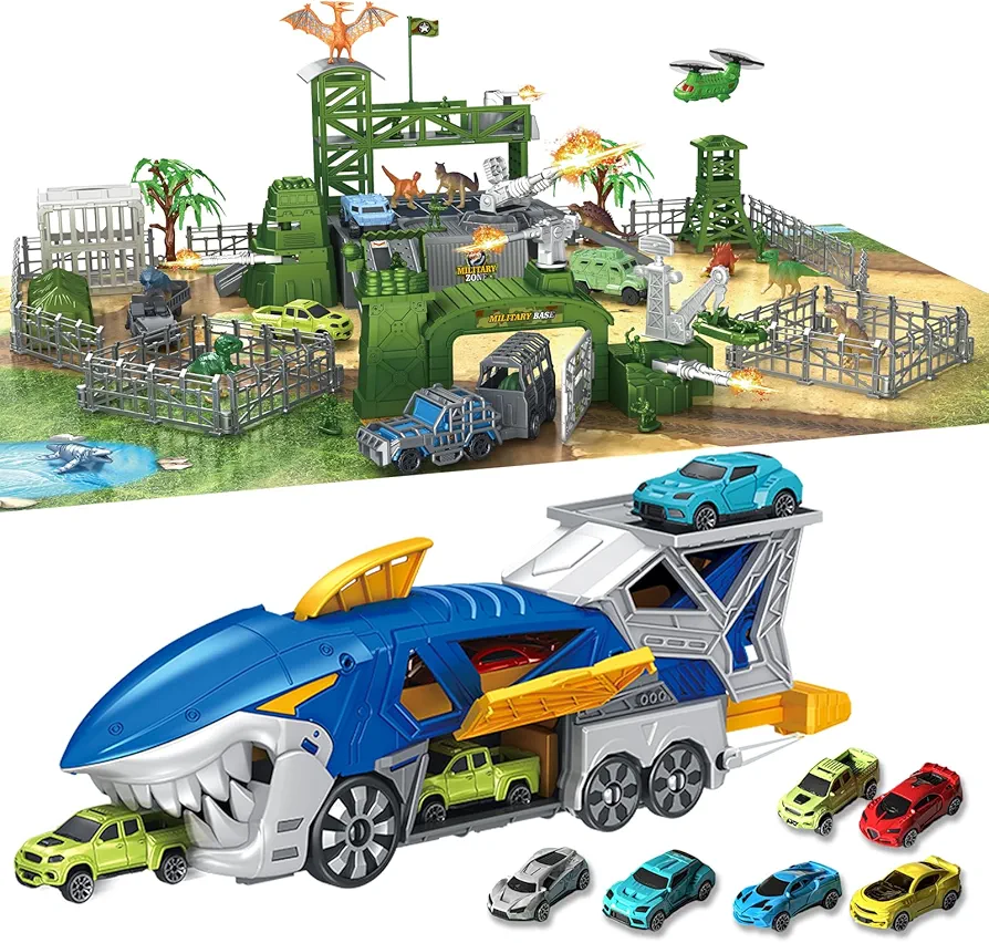 Shark Toy Car Track Set, Launcher Race Car Toys, Army Men Toys with Dinosaur Toys