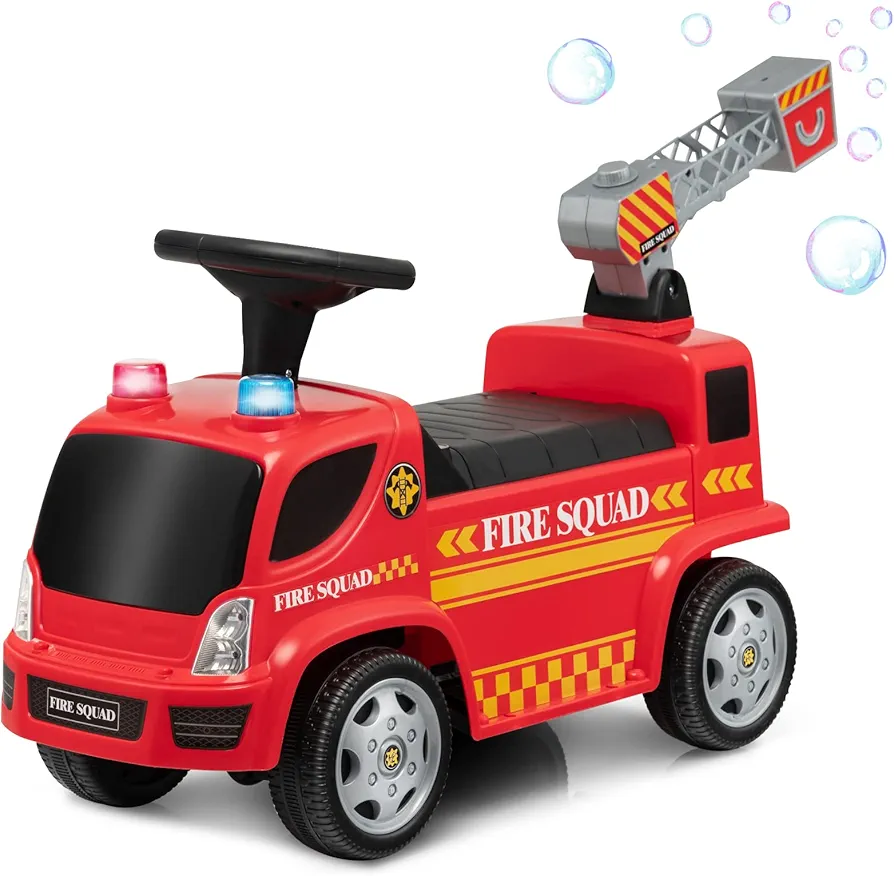 Costzon Kids Ride On Fire Truck, Ride On Push Car with Ladder Bubble Maker, Headlights, Siren Sounds & Music, Foot-to-Floor Sliding Car for Toddlers, Gift for Boys Girls Aged 18-36 Months