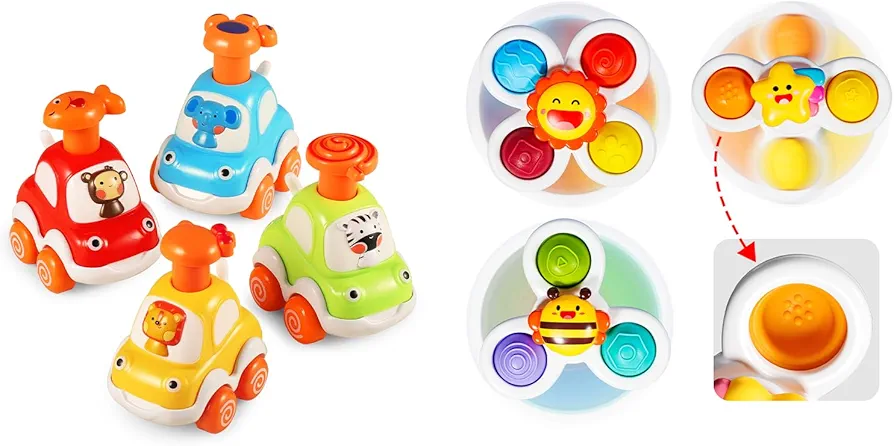 ALASOU 4 PCS Animal car Toys and 3 PCS Suction Cup Spinner Toys for Infant and Toddlers