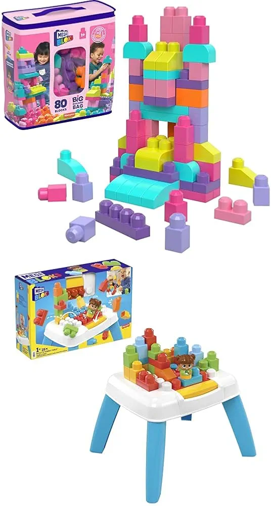 Bundle of MEGA BLOKS Fisher-Price Toddler Block Toys, Big Building Bag with 80 Pieces and Storage Bag, Pink + Toddler Building Blocks Build n Tumble Activity Table with 25 Pieces and Storage, 1 Figure