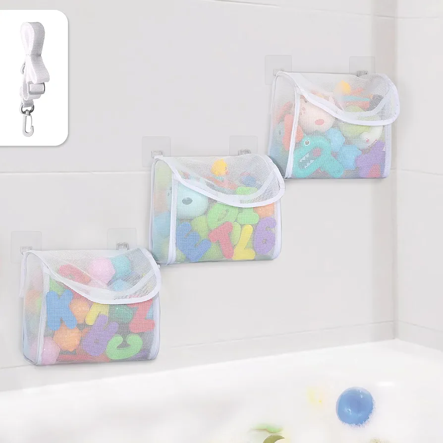 Bath Toy Storage, Detachable 3 Compartments Bath Toy Holder, Upgrade Large Capacity Bathtub Toy Storage, Mesh Beach Toy Bag Shower Caddy Organizer for Bathroom Beach Travel Outdoor