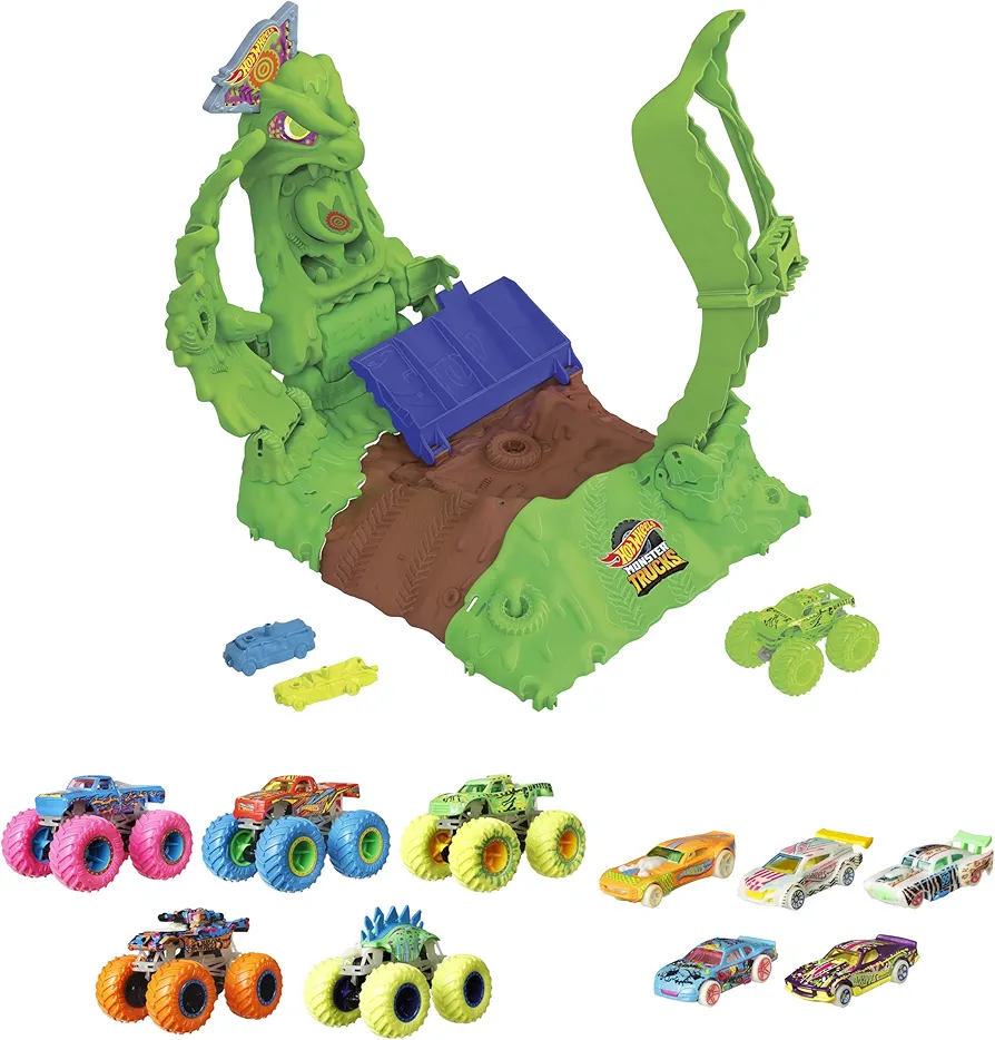 Bundle of Hot Wheels Monster Trucks Glow in The Dark 10 Toy Vehicles: 5 Monster Trucks + Arena Smashers Glow-in-The-Dark Gunkster Playset with 1 Glow-in-The-Dark Gunkster Toy Truck & 2 Crushable Cars