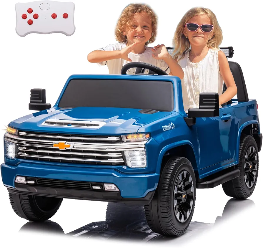 24V Kids Ride On Car 2-Seater Ride On Toy Truck for Big Kids, Electric Vehicles Ride on Toy Car with Remote Control for Boys Girls Licensed Chevrolet Silverado HD Pickup Truck, EVA Tires, Blue