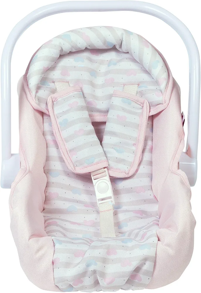 Adora Creative Pastel Pink Doll Car Seat Carrier -Removable Cover, Machine Washable,Fits Most Dolls,Plush Animals Up to 20 for Ages 2 and Up - Pastel Pink Hearts (White Handle)