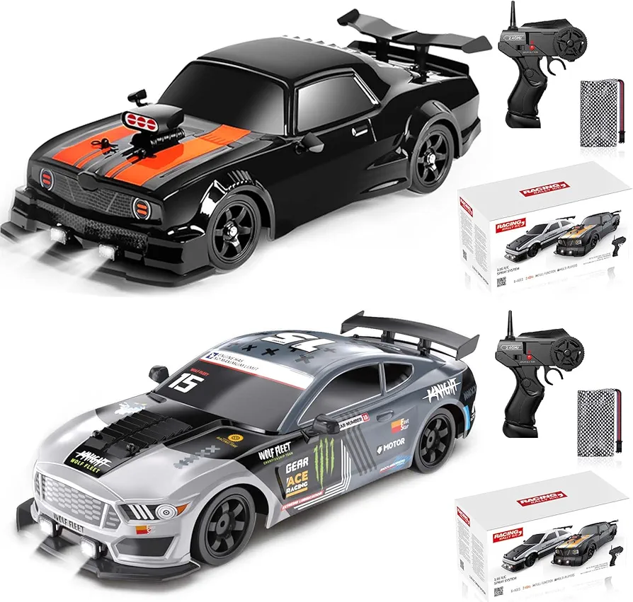 2PCS Remote Control Car RC Drift Car 1/16 Scale 4WD 18KM/H High Speed RC Car 2.4GHz with LED Lights Spray Racing Toy Car for Adults Boys Girls Kids Birthday Rechargeable Batteries