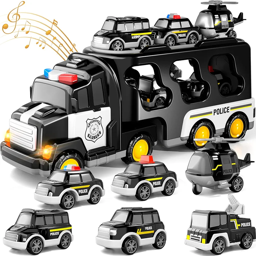 Doloowee Police Truck Toys Toddlers 3 4 5 6 Years Old, 7 in 1 Truck Friction Power Toy Car Christmas Birthday Gifts for Boys & Girls 3-5 Years Old