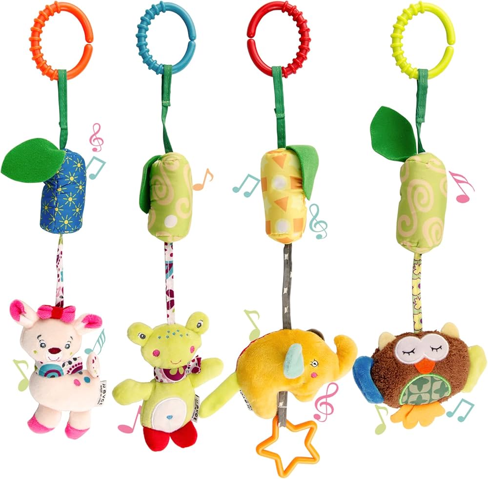 4 Packs Baby Stroller Toys Car Seat Hanging Bell for Boys Girls,Adorable Animal Infant Play Music Crib Toy Carseat Rattles Educational Toys,Kids Hand Bell Puppet with Cute Wind Chime and Squeak