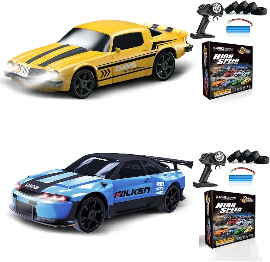 2PCS RC Drift Car 1:24 Remote Control Car 4WD 15KM/H High Speed Racing Sport Car with LED Lights RC Cars Toy Cars for Kids Boys Girls Adults Gifts Birthday Christmas Rechargeable Batteries