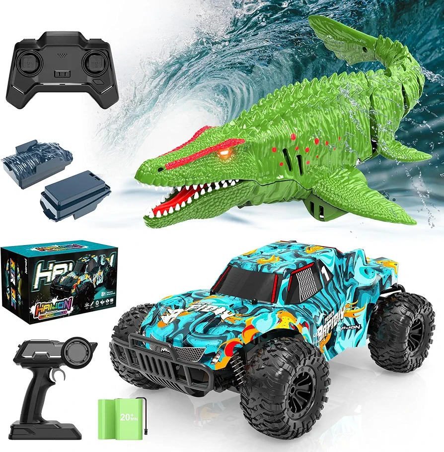 1:16 Remote Control Cars with 4 LED Lights Mode Fast Off Road Toy RC Truck & Remote Control Mosasaurus RC Boat Dinosaur Toys Christmas and Birthday Dinosaurs Gift for Kids Boys Girls