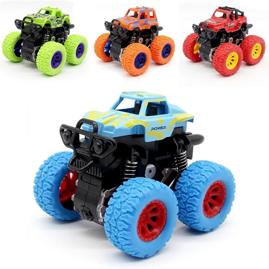 Monster Truck Toys Friction Powered Toy Cars 360° Rotating Stunt Push and Go Vehicles Birthday Party Gifts for Kids Boys Girls (Blue)