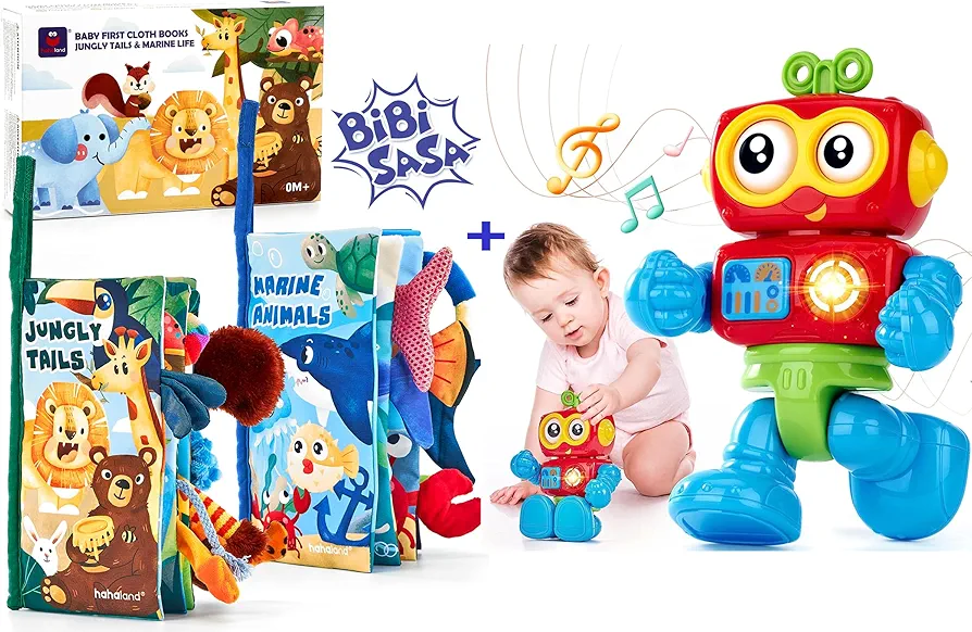 hahaland 2 PCS Baby Sensory Books & A Baby Robot Toy