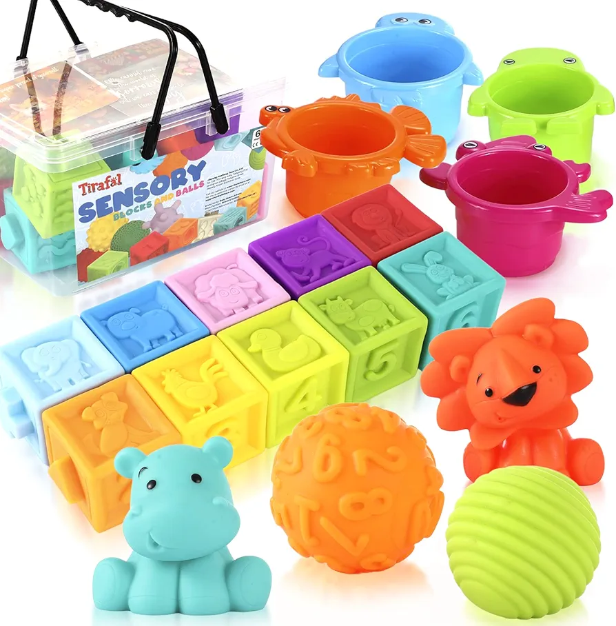 Baby Blocks&Balls 6 to 12 Months and Up Soft Building Stacking Block 18Pack,StackingToys for Toddlers, Sensory Montessori Teething Toy forInfant Boys & Girls with Numbers Animals Shapes Textures.