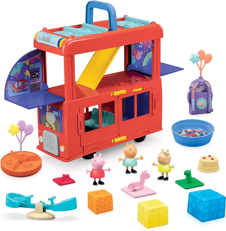 Peppa Pig 2-in-1 Party Bus Playset with 3 Figures and 13 Accessory Pieces, Preschool Toys for Girls and Boys 3 and Up