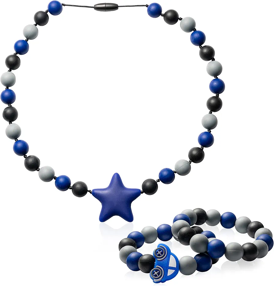 3pcs Teething Necklace Bracelet for Mom to Wear, Babies Sensory Jewelry Teether Toys, Star Car Shaped Nursing Bracelets for Mother Kids Baby Shower Birthday New Year Gift (Blue, Black)