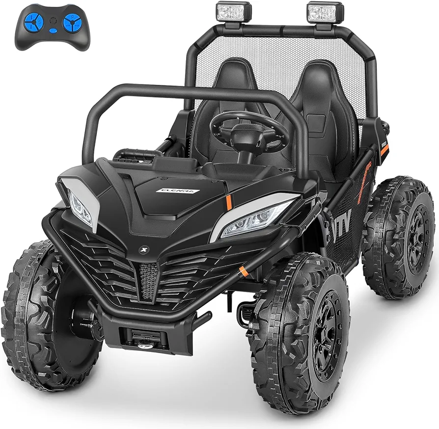 ELEMARA 24V 2 Seater XL Ride on Car for Boys,10AH Powered Electric Off-Road UTV,4WD 4.5mph Vehicle Toy Max 140lbs with Remote,Bluetooth,LED,3 Speeds,2 Spring Suspension,Storage for 3-8,Carbon Black