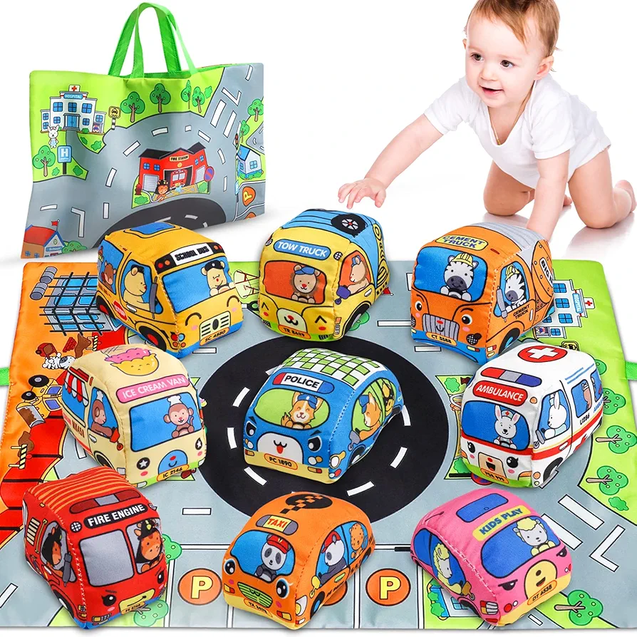 9PCS Soft Car Toys for 1 Year Old Boy, Baby Boy Toys 6 to 12 Months 12-18 Months, Kid Toy Cars for 1 Year Old Boys Infant with 1 Mat/Storage Bag, 1st Birthday Gifts for Toddler Toys Age 1-2