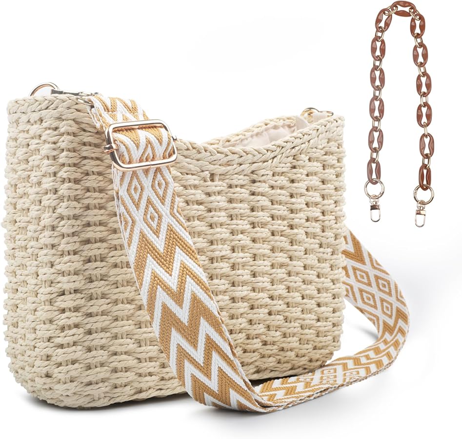 Fangoo Straw Woven Beach Bags Summer Handbags Crossbody Purses for Women Vacation Casual Chic Tote Bags with Zipper and Chain