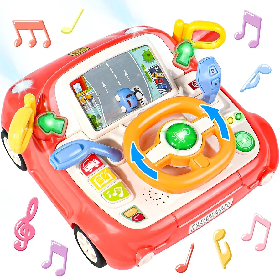 Fajiabao Baby Car Toy - Musical Steering Wheel Toy for Toddlers 1-3 Interactive Learning Simulation Drving Toys Car Seat Sensory Toy Develops Fine Motor Skills for 1 2 Years Old Boys Girls Kids